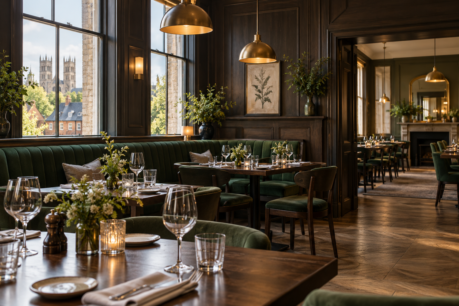 An inviting restaurant interior with warm lighting and green seating